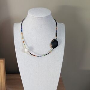 Multicolor Glass Bead Necklace with Textured Black and White Accents